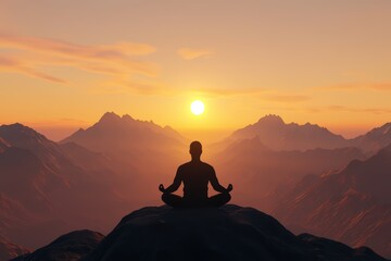Fototapeta premium A serene figure meditating at sunset, surrounded by majestic mountains.