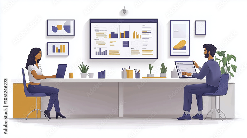 Poster modern office collaboration: two diverse professionals working on laptops, analyzing data on a large