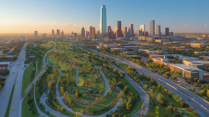 Dallas Skyline Sunrise: Aerial view of Dallas, Texas, showcasing the city's iconic skyline at sunrise, with lush green parkland winding through the urban landscape.