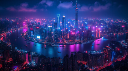 Obraz premium Neon Shanghai Nightscape: An aerial view captures the vibrant, futuristic cityscape of Shanghai at night, awash in neon pink and blue hues, reflecting on the water.