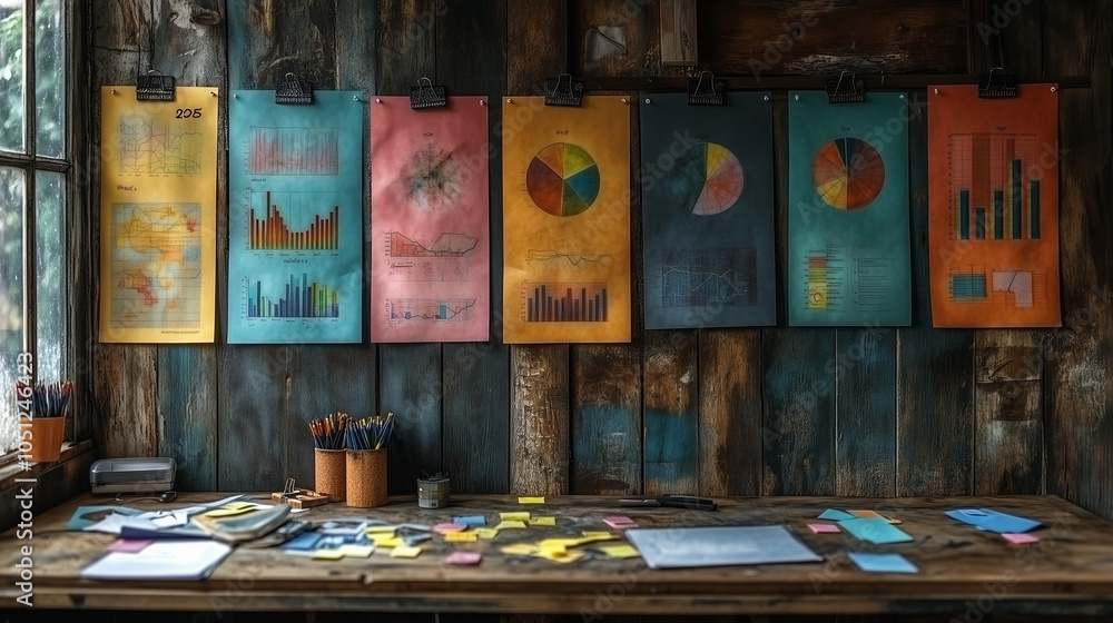 Poster rustic workspace: colorful charts & data analysis on display