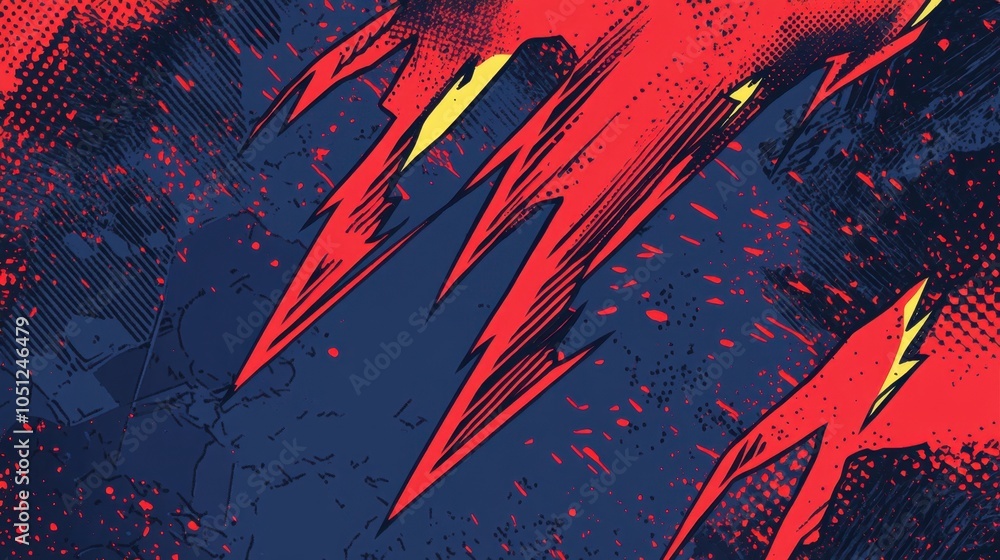 Poster a bold comic art-style background featuring dynamic red lightning flashes, creating an energetic atm