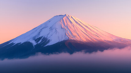 Fototapeta premium Stunning image of Mount Fuji with snow-capped peak and colorful sunset sky, surrounded by soft clouds.