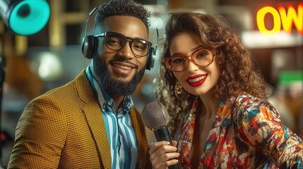 A lively duo poses confidently with a microphone, showcasing vibrant fashion and smiles in an energetic urban setting.