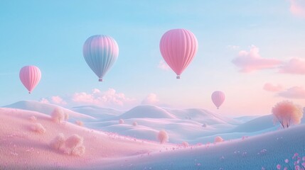 Fototapeta premium Pastel Hot Air Balloons Floating in Soft Sky