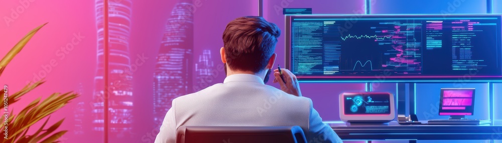 Poster business professional analyzing data on multiple screens in a modern office environment with vibrant