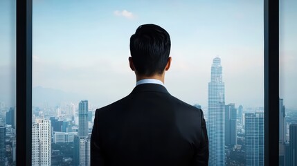 Fototapeta premium Businessman gazing out at a city skyline from a high-rise office window.