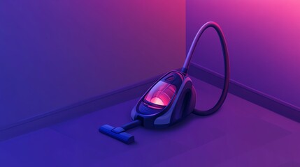 Isometric room, vacuum cleaner with glowing light, flat design illustration