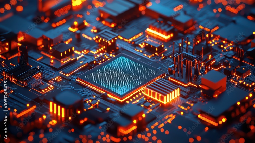 Poster close-up of a glowing microchip, showcasing intricate details and vibrant colors on a circuit board.