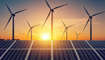 wind turbine with solar panels and sunset. concept clean energy power, copy space,Green Energy,Generative AI