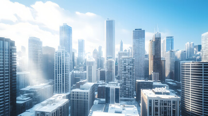 Obraz premium A panoramic view of a vibrant city skyline showcasing modern skyscrapers under a clear blue sky.