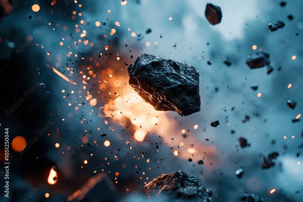 Poster exploding rocks with fiery particles in a dynamic scene, showcasing intense energy and natural force