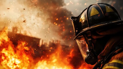 Fototapeta premium Firefighter in action, battling flames with determination and focus.