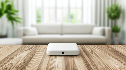 Fototapeta premium Elegant blank mockup showcase of a sleek smart home hub device on a wooden table with natural light setting