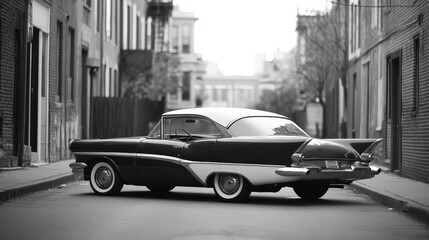 A captivating black and white image of a vintage car parked on a deserted street, evoking nostalgia and a sense of timelessness.
