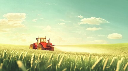 Fototapeta premium Tractor spraying pesticides on lush green soybean field during golden hour in rural countryside, highlighting sustainable farming practices and crop protection in agriculture industry 
