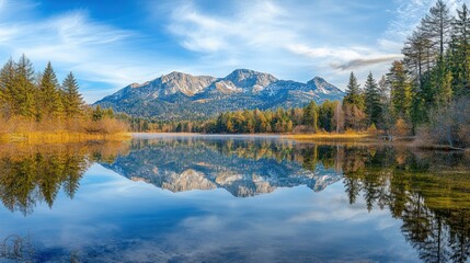 A panoramic view of a serene mountain lake with snow-capped peaks reflected in the clear water.