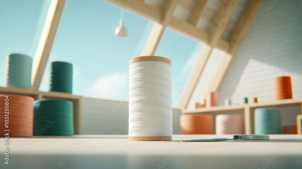 Poster artisan workspace mockup showcasing vibrant thread spools and minimalist design elements in a creati