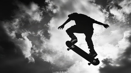 A dynamic black and white image of a skateboarder performing a trick in an urban setting, capturing the energy and excitement of the sport.