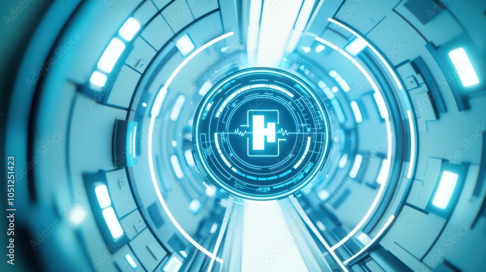 Poster futuristic medical interface with glowing elements in a circular design on a dark background.