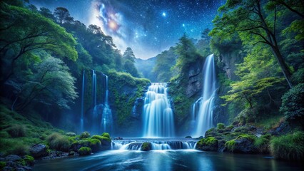 serene waterfall cascade in enchanted forest under starry sky
