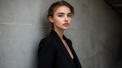 Fototapeta premium A confident young Caucasian woman in a sophisticated black ensemble poses in a modern office setting, radiating authority and style, perfect for advertising with space for text.