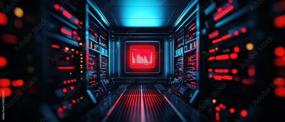 Poster futuristic server room, illuminated with blue and red lights, showcasing advanced computing technolo