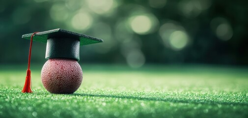 A golf ball wearing a graduation cap sits on green grass, representing the blend of sports and education. A symbol of achievement in both academics and athletics.