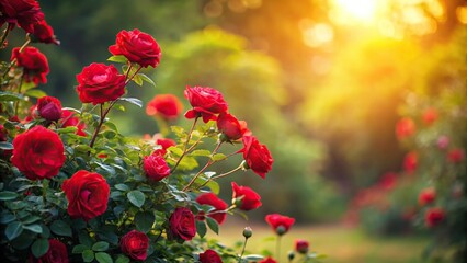Silhouette of a rose bush against a red summer background