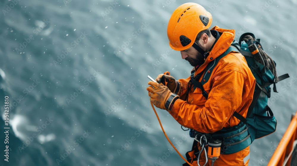 Poster focused engineer in orange safety gear analyzes data on device while standing on platform above ocea
