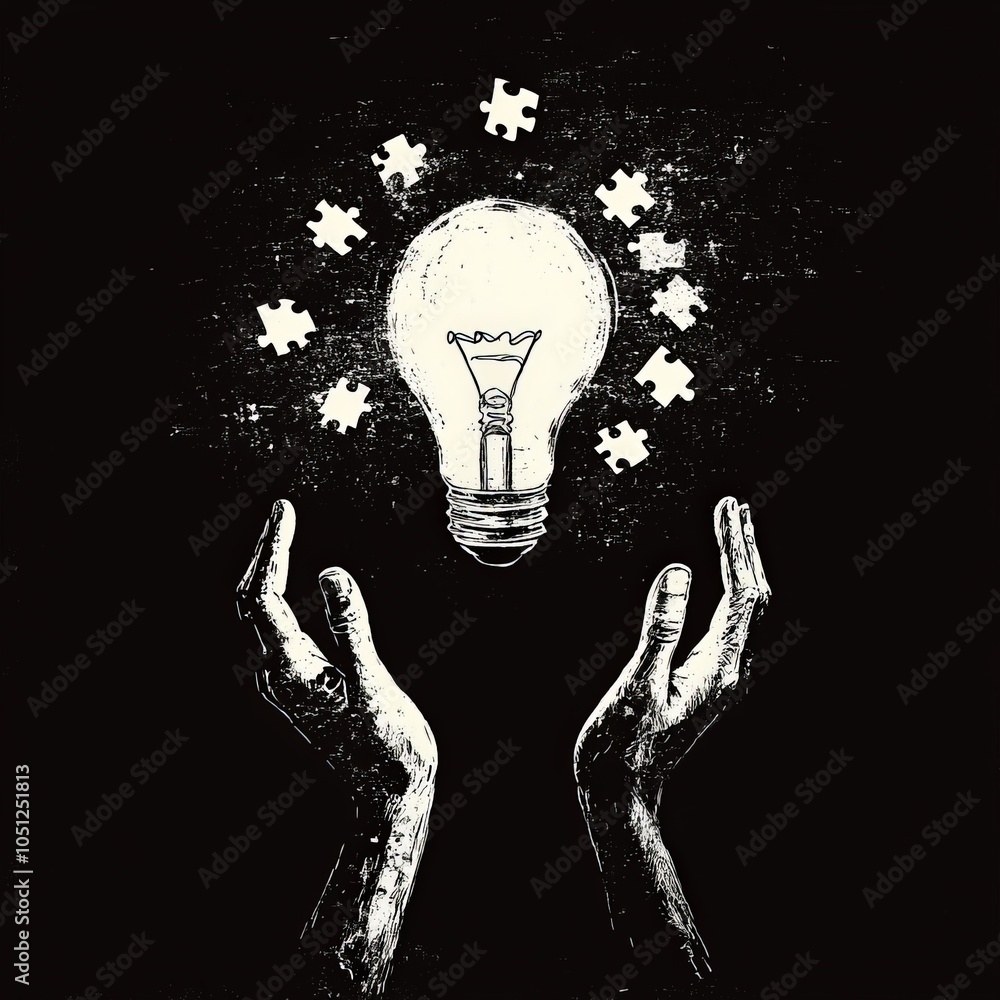 Poster illuminating ideas the creative process of problem-solving illustrated through a lightbulb and puzzl