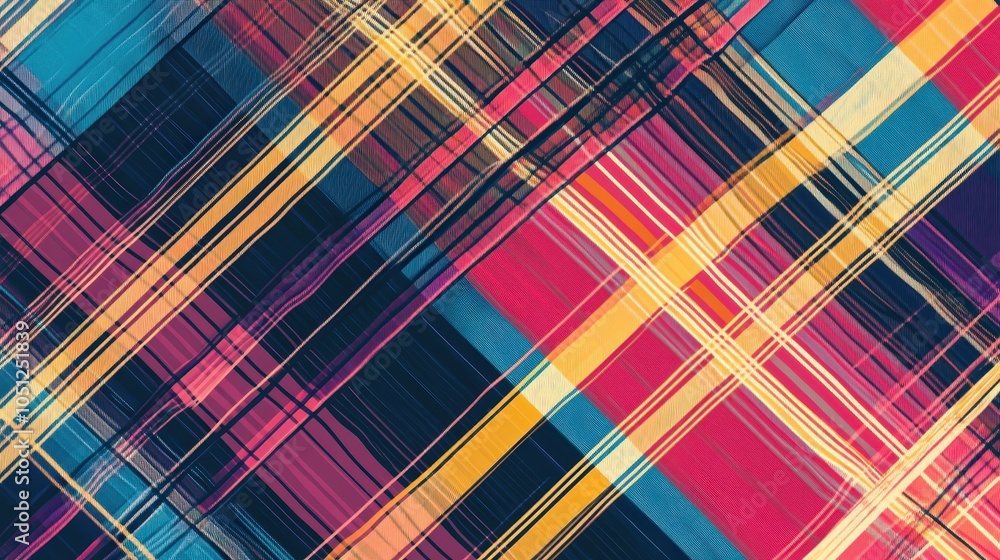 Poster a lively plaid background featuring colorful stripes intersecting in a modern pattern.