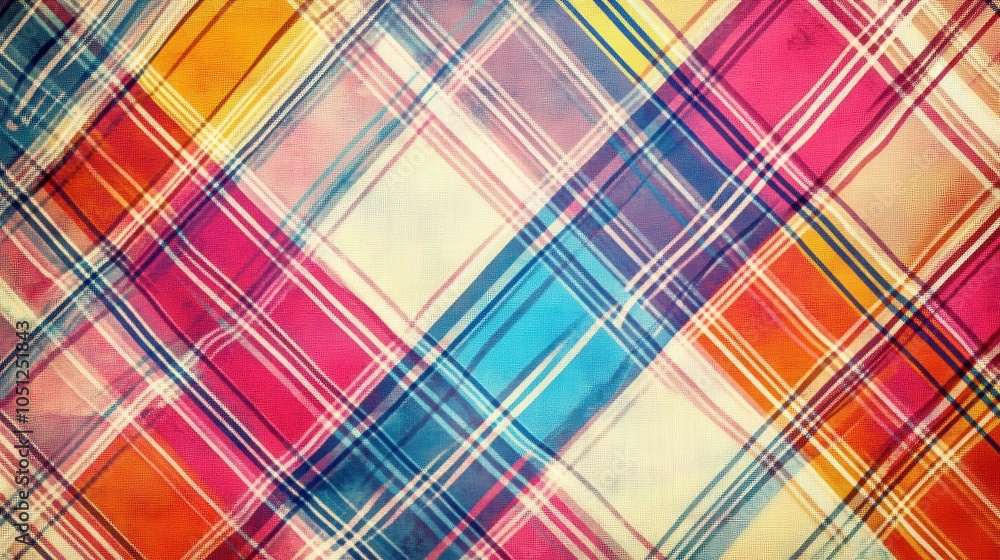 Poster a lively plaid background featuring colorful stripes intersecting in a modern pattern.