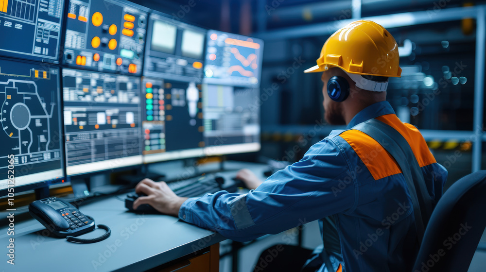 Aufkleber engineer wearing hard hat and headphones monitors multiple screens in high tech control room, coordi