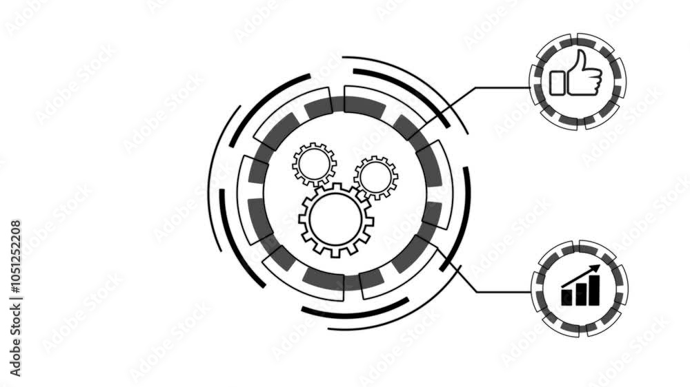 Poster glowing neon line setting icon with spinning gears icon and like baton and graph chart animated 4k v