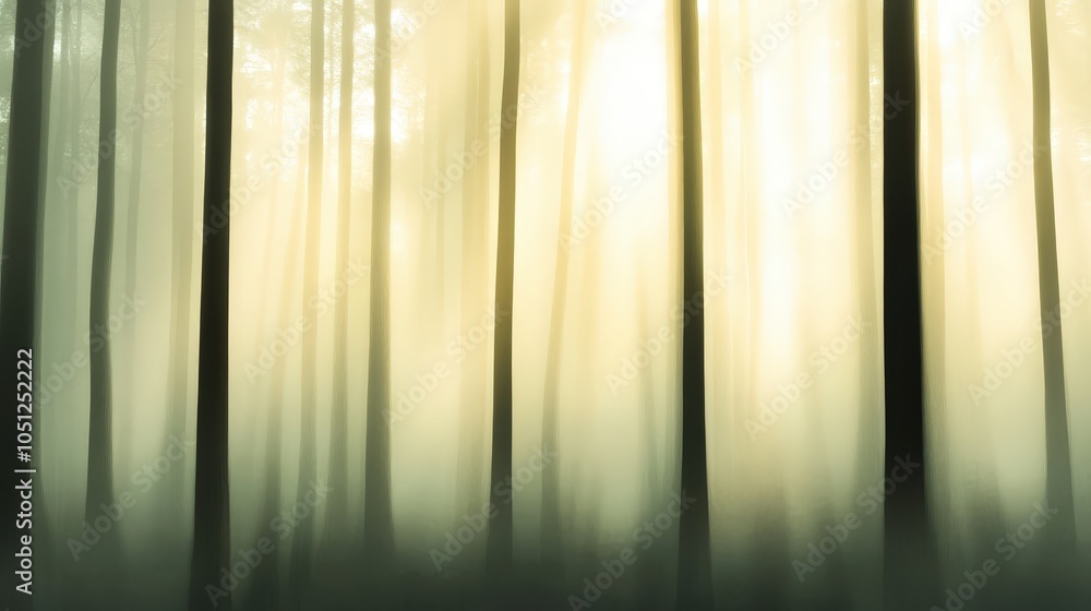 Poster a minimalist background depicting a calm forest scene with soft, blurred trees and dappled sunlight.