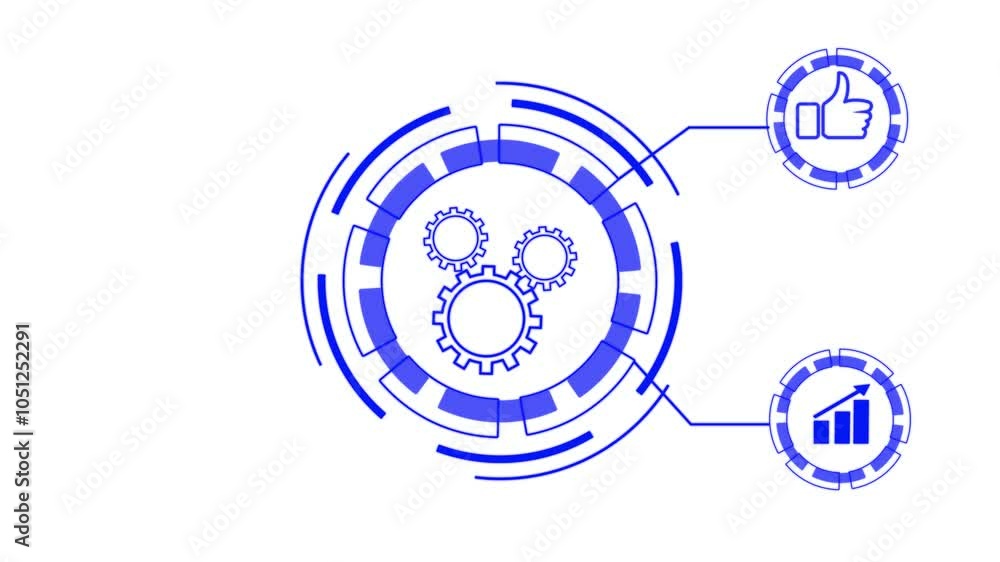 Poster glowing neon line setting icon with spinning gears icon and like baton and graph chart animated 4k v