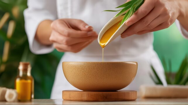 Hands pouring golden oil into a bowl with green herbs, creating a fresh culinary experience.