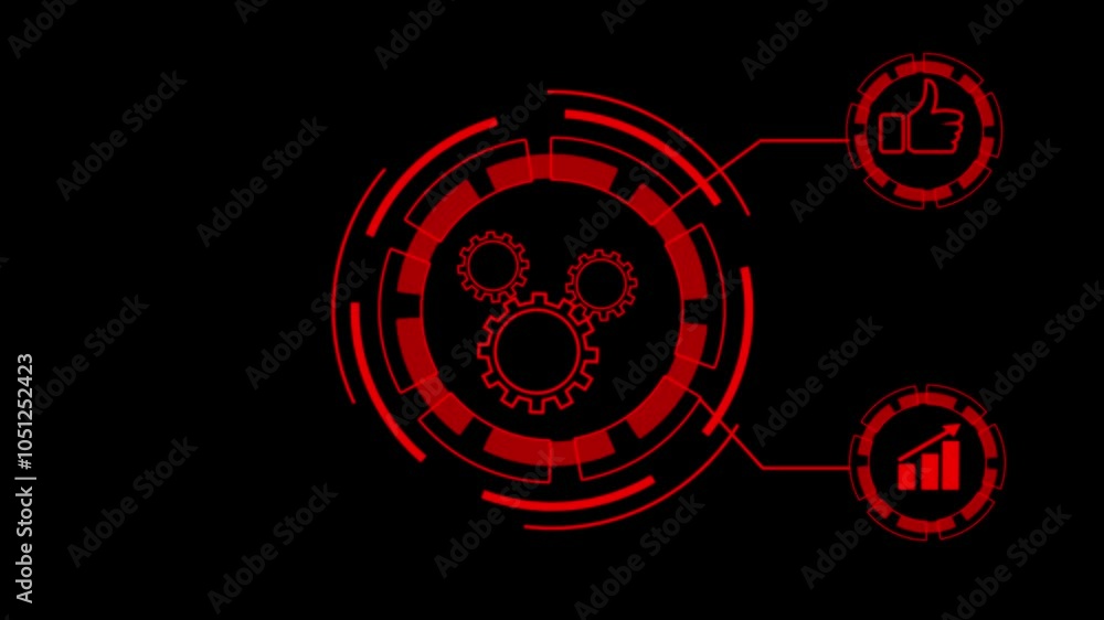 Poster glowing neon line setting icon with spinning gears icon and like baton and graph chart animated 4k v