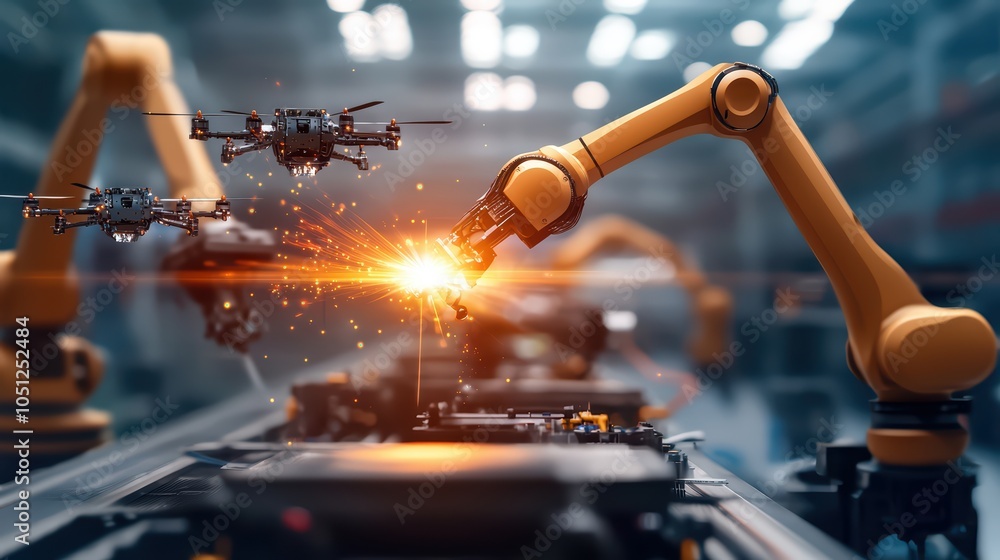 Poster high-tech manufacturing with robotic arms and drones showcasing advanced automation and precision.