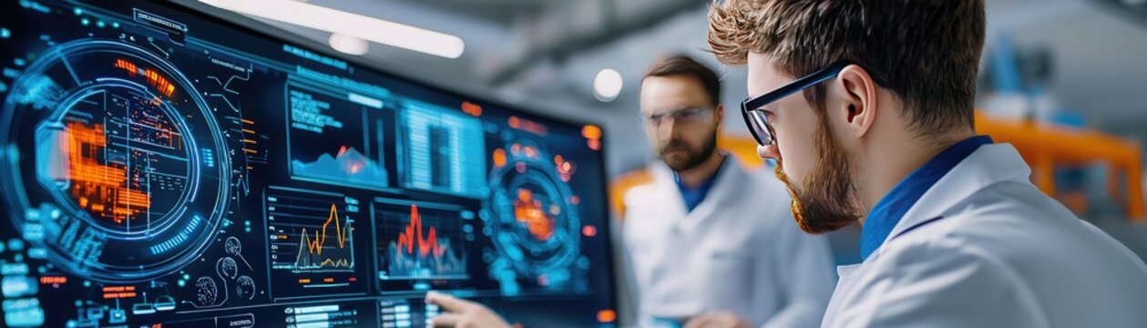 A focused scientist analyzes data on a high-tech display in a modern laboratory environment, showcasing innovative research.