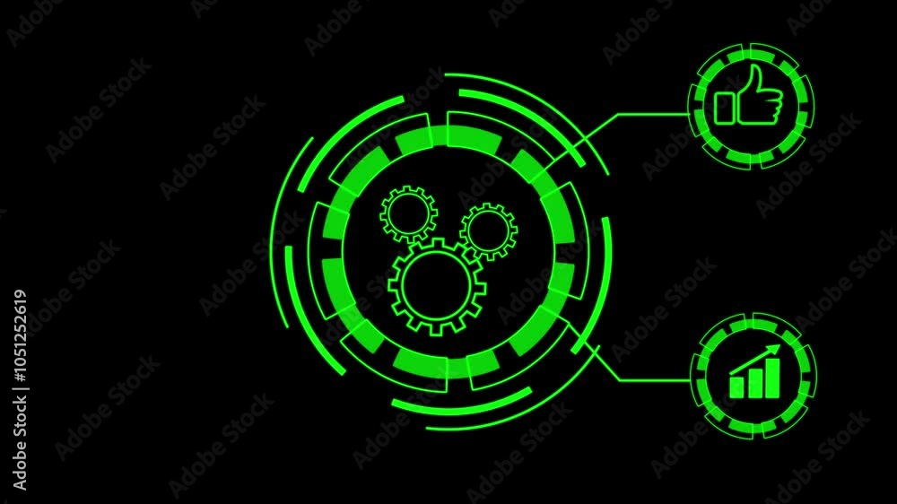 Poster glowing neon line setting icon with spinning gears icon and like baton and graph chart animated 4k v