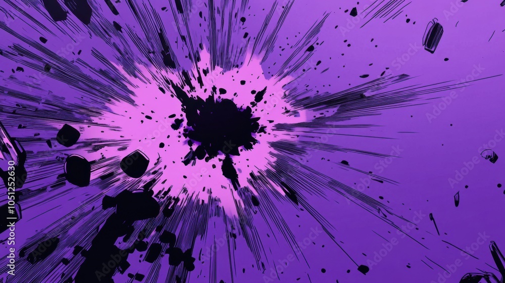 Poster a dynamic comic art background with a vibrant purple exploding speech bubble, featuring space for te