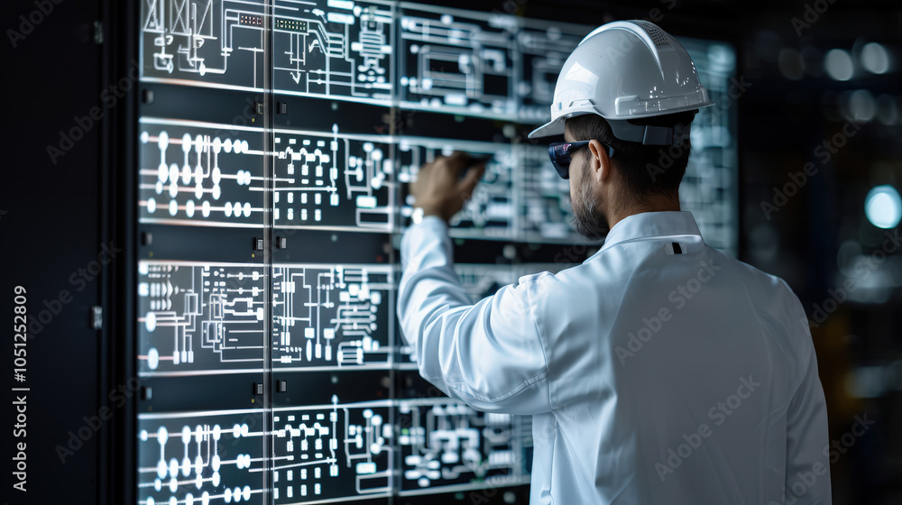 Poster engineer in white coat and hard hat monitors data on control panels, focusing intently on digital in