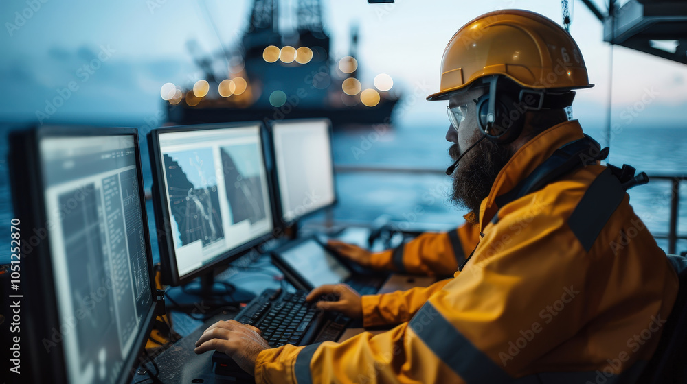 Poster engineer in protective gear monitors drilling activities on modern offshore platform, focusing on co