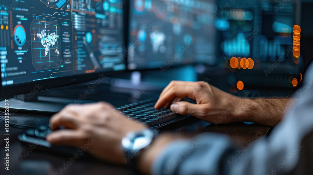 Aufkleber person is working on computer with multiple screens displaying data and analytics, focusing on globa