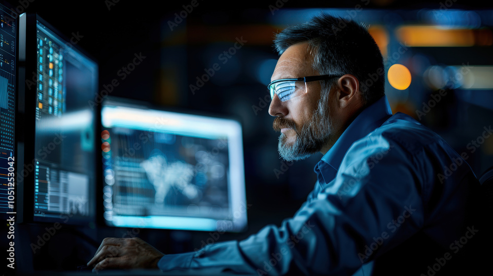 Poster focused engineer analyzes data on multiple computer screens in dimly lit control room, showcasing ad