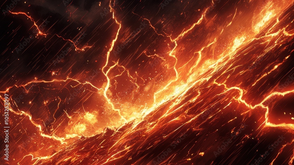 Poster a dynamic comic-style background filled with striking red lightning flashes, creating an exciting am