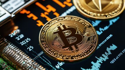 Close-up of a bitcoin coin on a digital screen displaying cryptocurrency trends and data analysis.