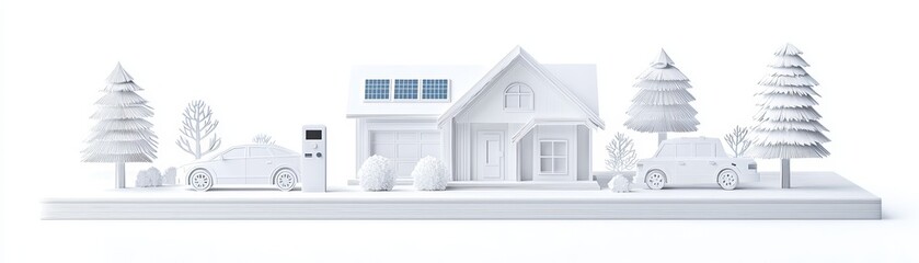 Fototapeta premium Modern house with electric cars and trees in a minimalist style, white isolate background.